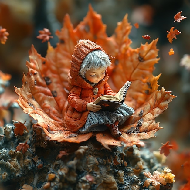 top view Miniature landscapeclay material An old women is sitting on a maple leaf reading a book