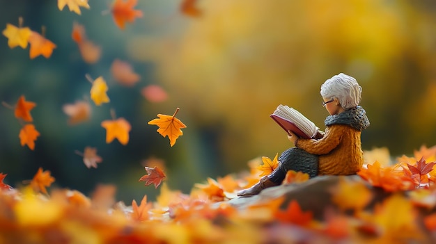 top view Miniature landscapeclay material An old women is sitting on a maple leaf reading a book