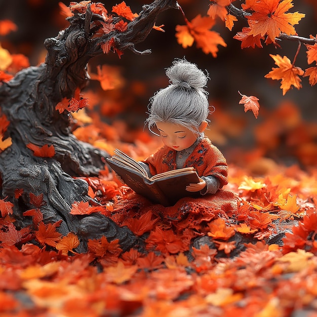 top view Miniature landscapeclay material An old women is sitting on a maple leaf reading a book