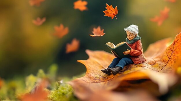 top view Miniature landscapeclay material An old women is sitting on a maple leaf reading a book