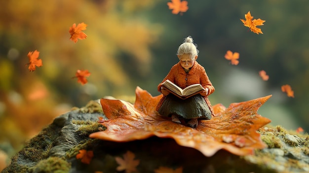 top view Miniature landscapeclay material An old women is sitting on a maple leaf reading a book