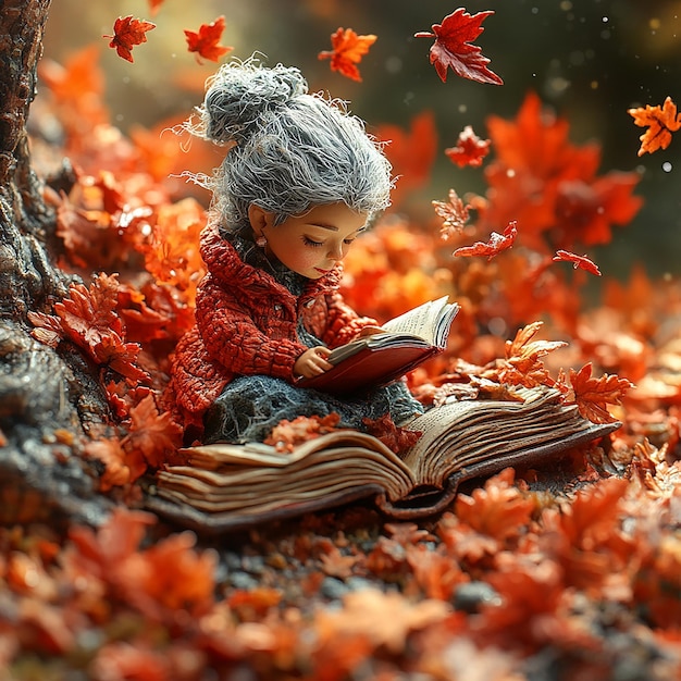 top view Miniature landscapeclay material An old women is sitting on a maple leaf reading a book