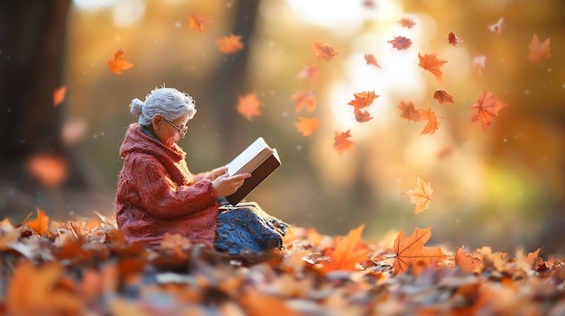 top view Miniature landscapeclay material An old women is sitting on a maple leaf reading a book