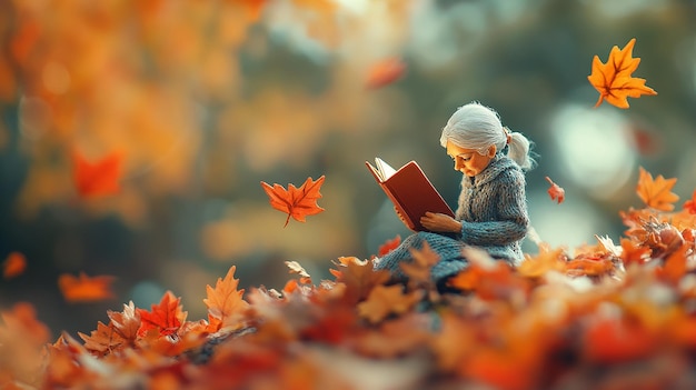 top view Miniature landscapeclay material An old women is sitting on a maple leaf reading a book