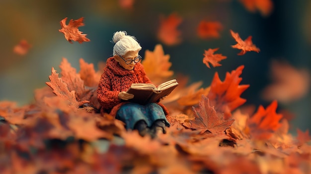 top view Miniature landscapeclay material An old women is sitting on a maple leaf reading a book