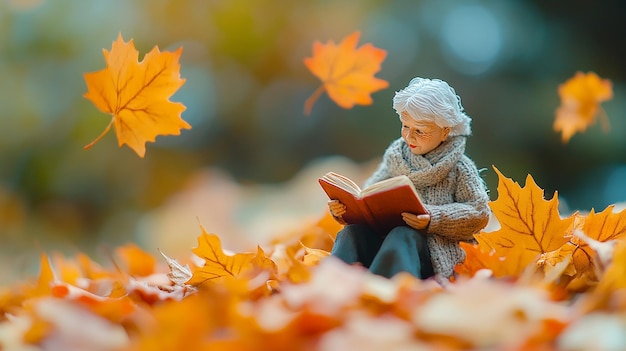 top view Miniature landscapeclay material An old women is sitting on a maple leaf reading a book