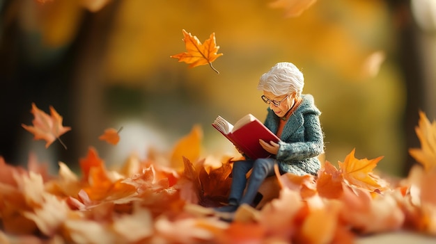 top view Miniature landscapeclay material An old women is sitting on a maple leaf reading a book