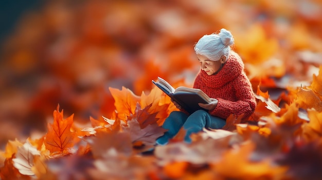 top view Miniature landscapeclay material An old women is sitting on a maple leaf reading a book