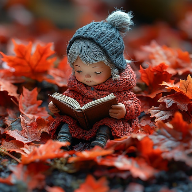 top view Miniature landscapeclay material An old women is sitting on a maple leaf reading a book