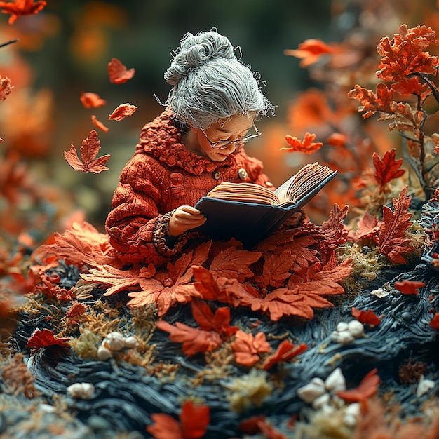 top view Miniature landscapeclay material An old women is sitting on a maple leaf reading a book