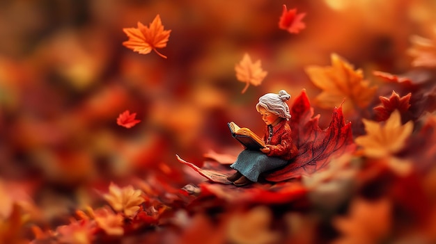 top view Miniature landscapeclay material An old women is sitting on a maple leaf reading a book