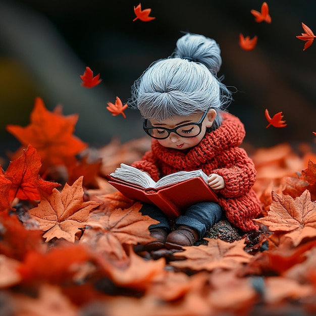 top view Miniature landscapeclay material An old women is sitting on a maple leaf reading a book