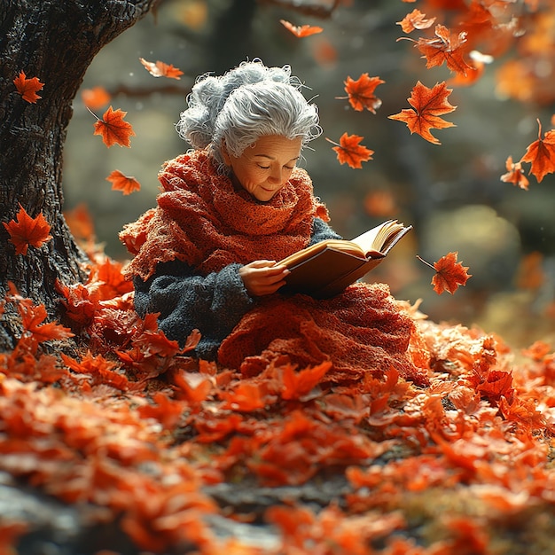 top view Miniature landscapeclay material An old women is sitting on a maple leaf reading a book