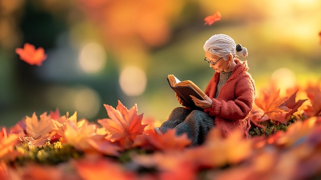 top view Miniature landscapeclay material An old women is sitting on a maple leaf reading a book