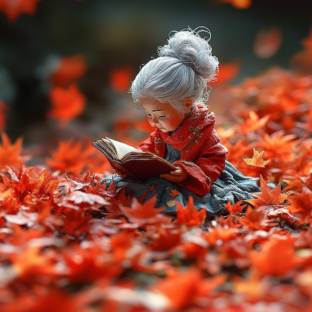 top view Miniature landscapeclay material An old women is sitting on a maple leaf reading a book