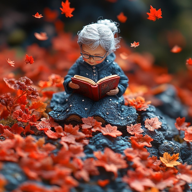 top view Miniature landscapeclay material An old women is sitting on a maple leaf reading a book