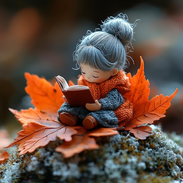 top view Miniature landscapeclay material An old women is sitting on a maple leaf reading a book