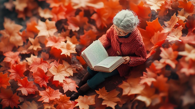 top view Miniature landscapeclay material An old women is sitting on a maple leaf reading a book