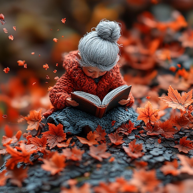 top view Miniature landscapeclay material An old women is sitting on a maple leaf reading a book