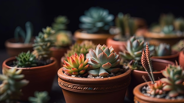 Top View of Miniature Succulent Plants in Clay Pot for Ornamental Greenery Decoration