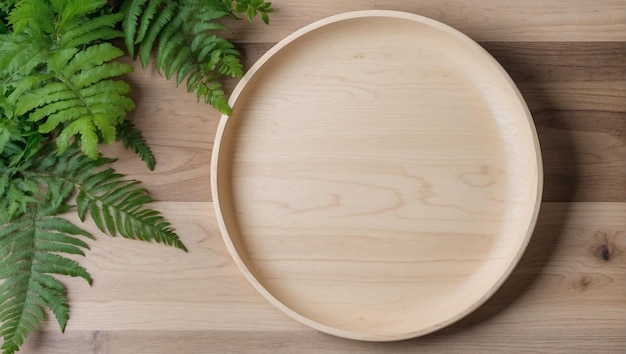 Top view minimal round wooden tray plate on wood plank table counter green tropical fern plant