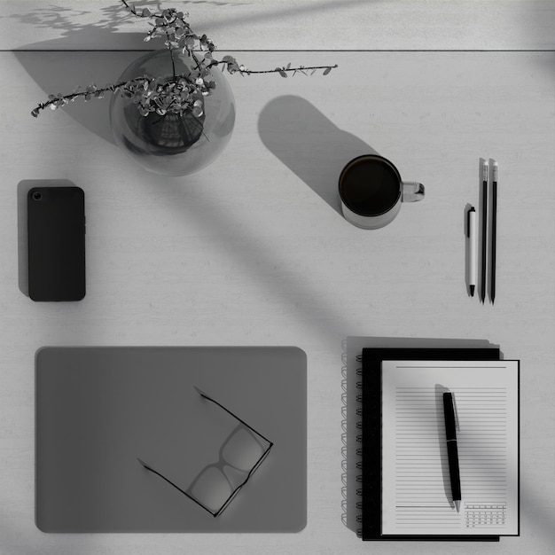 Photo top view of minimalist desk with notebook and coffee organized workspace 3d rendering