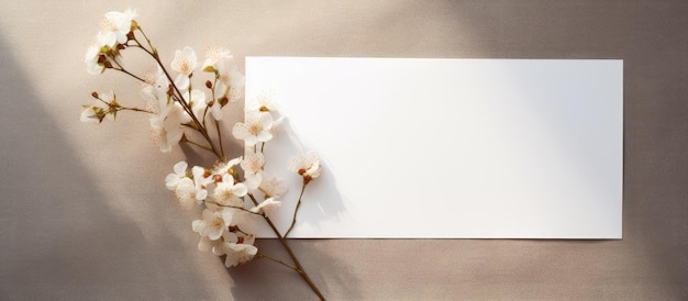 Top view of a minimalistic empty canvas paper or card with space for text and a flower twig featuring