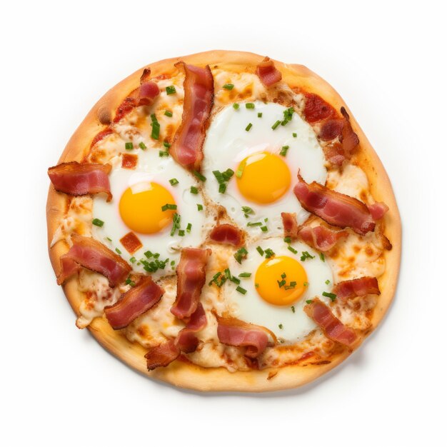 Photo top view minimalistic of an isolated bacon and egg breakfast pizza