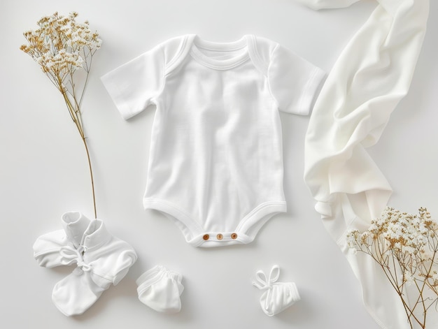 Top view mockup of elegant baby white clothing set for stylish and professional presentations