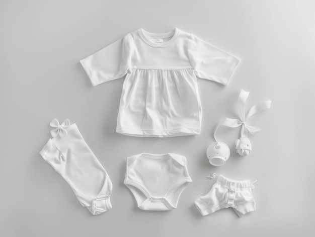 Photo top view mockup of elegant baby white clothing set for stylish and professional presentations