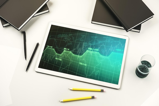 Top view of modern digital tablet screen with abstract graphic data spreadsheet sketch analytics and analysis concept 3D Rendering