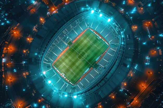 Top View of Modern Football Stadium Illuminated by Bright Lights