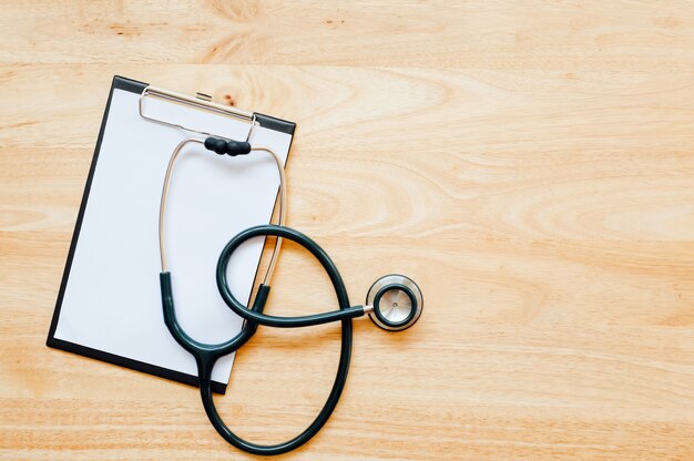 Top view of modern, sterile doctors office desk