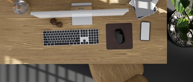 Top view Modern wooden desk workspace with pc computer and accessories