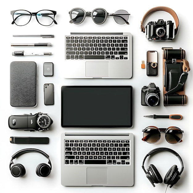 Photo top view of modern workplace with laptop tablet camera headphones glasses on white background