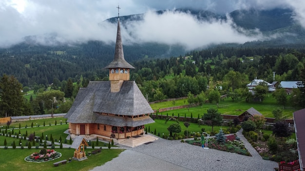 Top view of monastery Borsa Pietroasa in Maramures region of Romania.