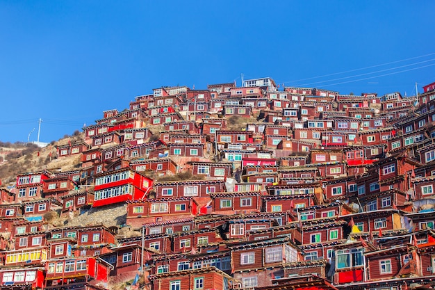 Top view monastery at Larung gar (Buddhist Academy) in sunshine day 