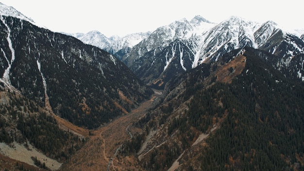 Top view of the mountain river and forest. The trees are yellow-brown-green. High snow-covered hills