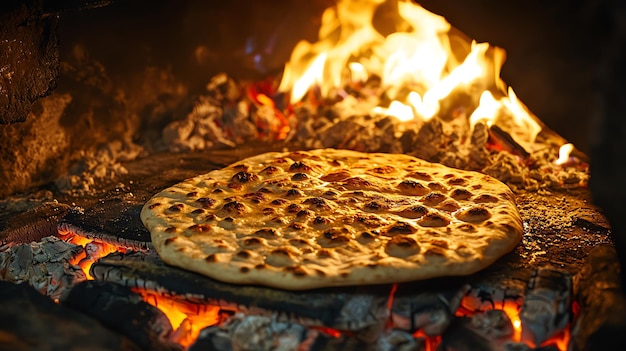 Photo top view of naan baking in traditional tandoor oven