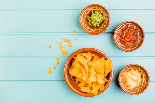 Top view of nachos and guacamole