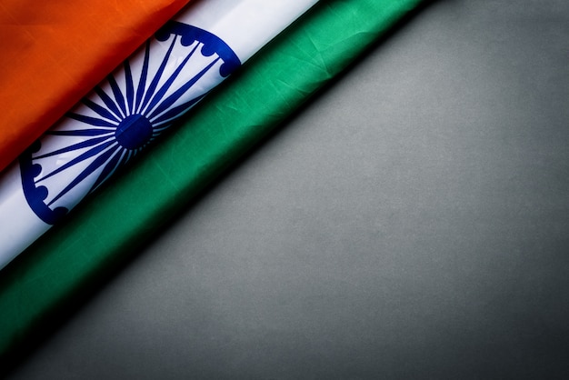 Top view of National Flag of India on gray background