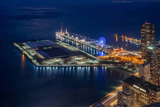 Top view of Navy pier at twilight time, along Lake Michigan, Chicago cityscape, United states