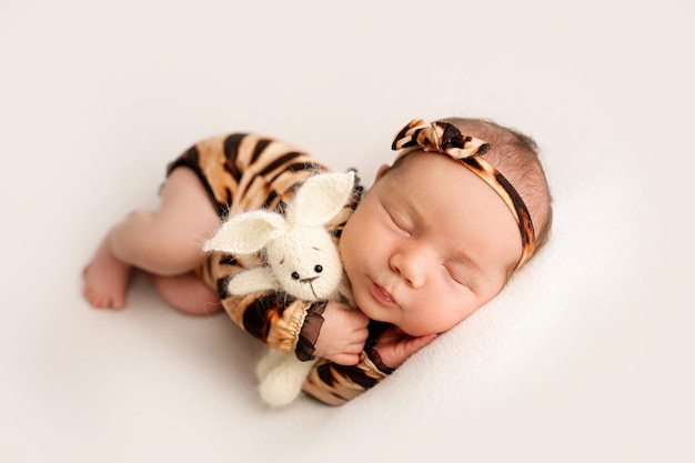 Top view of a newborn baby girl sleeping in a tiger jumpsuit and a tigerearshaped bandage on her head on a white background Little girl 7 days one week The image of a little tiger cub