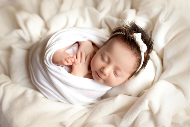 Top view of a newborn baby girl sleeping in a white cocoon on a white bed Beautiful portrait of a little girl 7 days one week Macro studio professional photography