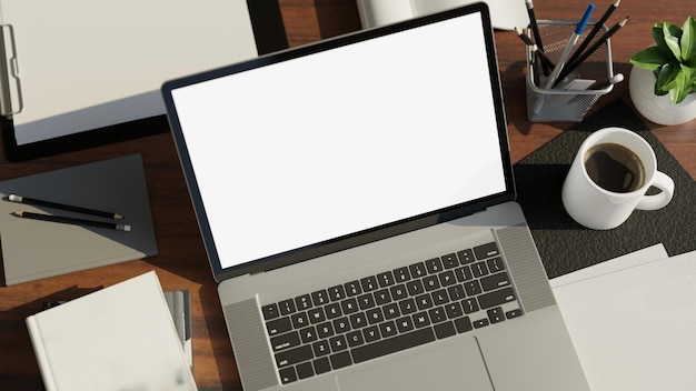 Top view Notebook laptop mockup and accessories on modern wood office desk