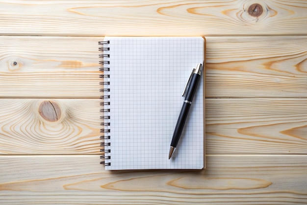 top view of notebook and pen on wooden backgroud