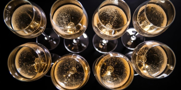 Top view of numerous champagne glasses elegantly arranged and ready for celebration AI generative