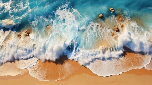 Top view of ocean waves on sandy beach landscape Beautiful seascape background Generative AI