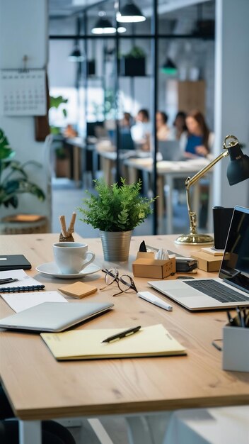 Top view office desk composition