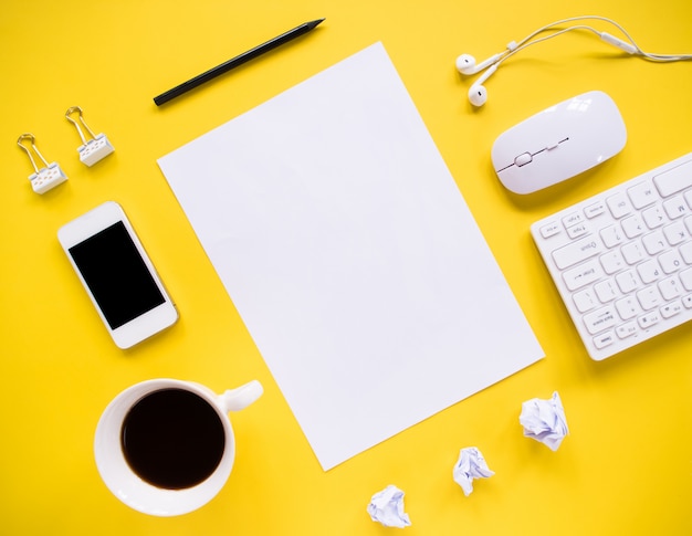 Top view, office desk and office tools with copy space.